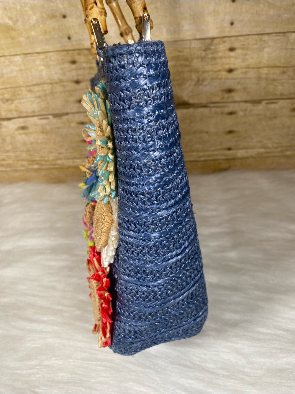 Haute Hippie Blue Straw Tote with Multicolor Floral Appliqués and Bamboo Handles - Picture 4 of 11
